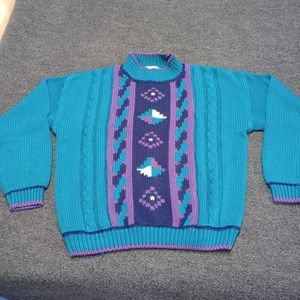 Vintage 62 East Sweater Women Large Blue‎ Geo Stripe Knit 90s
